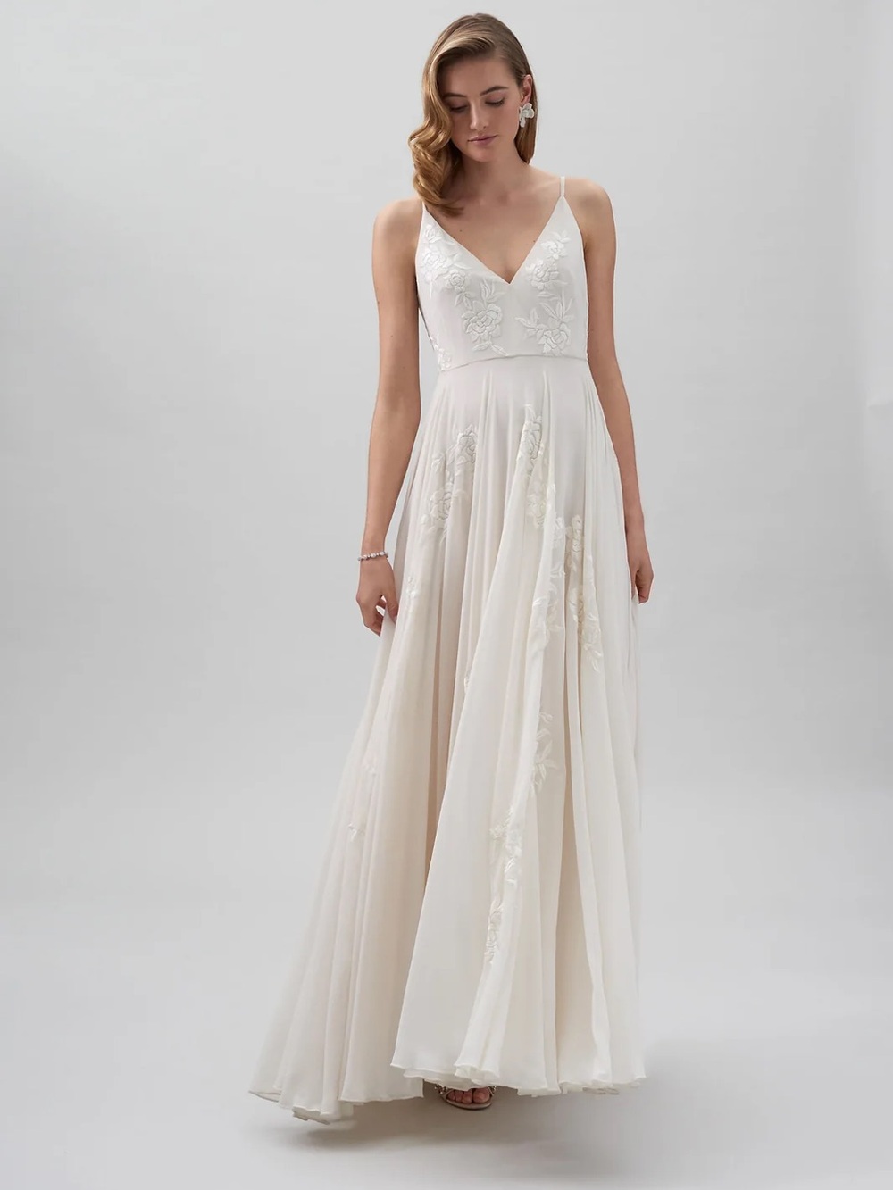 BHLDN Ivory Floral-Embroidered V-Neck Spaghetti-Strap Gown